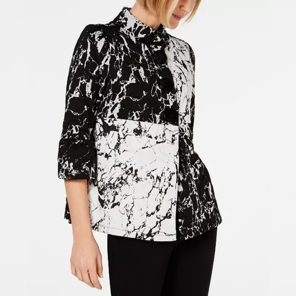 JM Collection Colorblock Marble Print Quilted ¾ Sleeve Jacket Black White- sz 1X - Picture 1 of 11